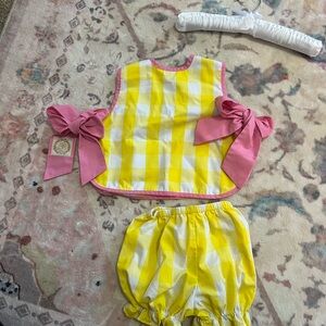 Yellow and White Checkered Baby Outfit with Pink Bows